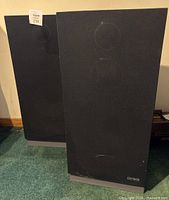 Pair of black Audio Plus AP-409 3-way speakers with fabric grille covers, placed side by side on carpeted floor, showing front view.