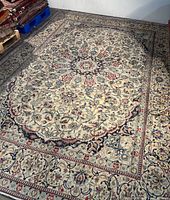 Full view of rug laid flat, showing central medallion and border