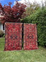 Rug hung outdoors showing full field, central medallion and border design