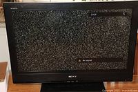 Front view of Sony Bravia TV turned on showing static noise screen and on-screen channel information 'CHEK 5' with 'No signal' warning.