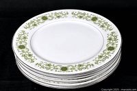 Stack of six Towne House Green Dale 3077 dinner plates showing the top plate and edge design