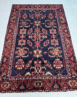 Full view of rectangular hand knotted rug showing dark navy blue central field with all over geometric and stylized floral motifs and red border