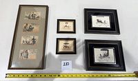 Full view of all eight framed illustrations set on white table with yellow tape measure for scale. Set includes four vintage Tansill's Punch cigar illustrations arranged vertically in gold frame, two small black framed carriage prints, and two larger matte black framed buggy prints.