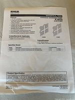 Instruction sheet listing specifications and features of Kohler Water Tile Rain Overhead Showering Panel Model K-8030.