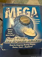 Front of original blue box featuring product image, product name 'The Mega Ball', and text promoting ice cream recipes and making a quart of ice cream.