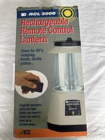 Front image of product box showing RCL 3000 Rechargeable Remote Control Lantern with remote control image and usage notes.