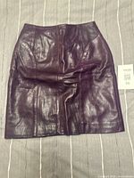 Front view of the burgundy leather skirt showing detailed panel stitching