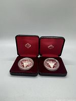 Two 1982 Canadian silver proof dollar coins in individual plastic cases placed in black RCM leather boxes with red velvet lining showing maple leaf logo on inner lid.