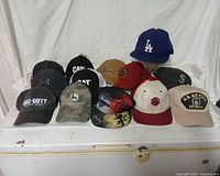Wide shot showing 14 assorted baseball style hats including branded caps from Ford, Call of Duty, John Deere, Caterpillar, and the U.S. Air Force Veteran