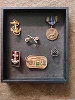 Full overhead image showing all 6 military emblems mounted in a shadow box.