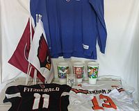 Full lot displayed including 2 short sleeve jerseys, 1 long sleeve jersey, 3 sports cups, trading card, and 2 fan flags.