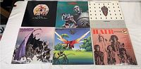 Six 12 inch LP record covers arranged in 2 rows, featuring Queen, Nazareth, New York Rock Ensemble, Hair, and others.