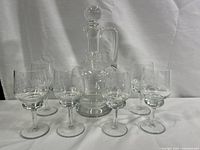 Full view of the decanter with stopper surrounded by seven matching etched crystal glasses on a white background.