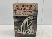 Front cover of the first edition hardcover book titled 'The Judgment of Julius and Ethel Rosenberg' by John Wesley, showing detailed cover art with a kneeling figure and title in red font.