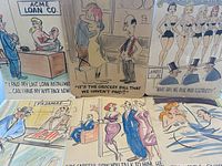 Six colorful vintage humorous cartoons arranged on a surface showing the set of panels and their artistic style