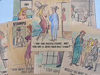 Photo showing a grouped view of multiple hand-painted cartoon panels, highlighting characters in humorous and risqué everyday situations, including the caption about beautiful etchings.