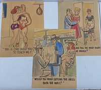 Three cartoon panels laid flat showing the lot contents including the three individual panels with different themes and captions.