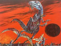 Surreal lithograph with dinosaur-like creature, red background, intricate silver linework, numbered and signed.
