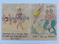 Two large vintage hand-painted cartoon panels side by side showing men's humour scenes, each approximately 14x19 inches.