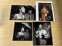 Black and white photos of Billie Holiday singing and color photo of Whitney Houston in golden coat.