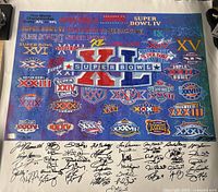 Full view of color collage showing Super Bowl logos I through XL with central XL logo