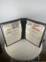 Album open showing rows of first day covers in plastic sleeves on two pages