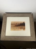 Full view of framed artwork featuring nature scene with reflections and muted tones.