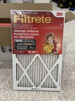 Front view of one 3M Filtrete air filter in original sealed packaging showing allergen defense details and size 16x25x1 inches.