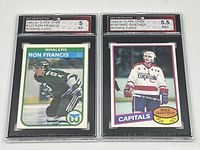 Front side of two graded rookie hockey cards, one of Mike Gartner with Washington Capitals, and one of Ron Francis with Hartford Whalers.