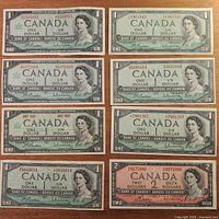 Front views of eight Canadian banknotes including three 1967 Centennial $1 bills, four 1954 $1 bills, and one 1954 $2 bill, displaying Queen Elizabeth II portraits and denomination details.
