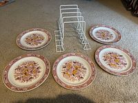 Five Canterbury 10-inch floral patterned plates arranged around white metal holder rack on carpet.