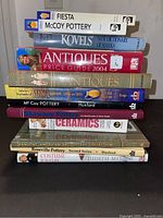 Stack of research and guide books focused on pottery and antiques including Fiesta and McCoy pottery, Kovels' reference books, and various pottery collections.