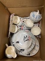 Box with a small box with ceramic plates, cups, a sugar bowl with lid, and a creamer; all feature a floral pattern with pink and black on a grayish-blue brushed background.