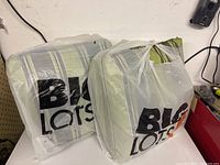 Two green striped outdoor cushions packaged in plastic Big Lots bags, showing lot contents.