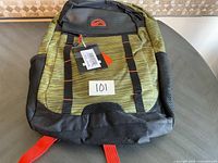 Front view of the new green and black backpack showing the logo, tags, red adjustment straps, and mesh side pockets.