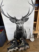 Photo showing black and white deer canvas print, metal antler hooks, and men's inline rollerblades
