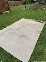 Full view of large beige woven rug laid out on grass showing overall condition and size, partially curled edge visible.
