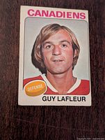 Front of the Guy Lafleur hockey card showing player portrait, team name Canadiens, and position labeled defense (incorrectly as Lafleur was a forward).