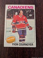 Front side of the 1975-76 O-Pee-Chee NHL hockey card showing Yvon Cournoyer in Canadiens uniform on ice.