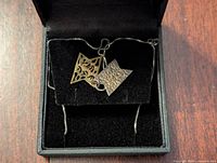 Silver necklace with unique dual-plate pendant inside black jewelry box with black velvet lining.