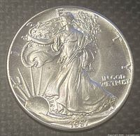 Obverse side of the 1987 United States Silver Eagle coin showing the Walking Liberty design with date and inscriptions.