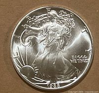 Obverse side of the 1988 US Silver Eagle coin showing Lady Liberty walking with branches, the sun rising, and inscriptions including the date 1988.