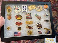 Full view of the Ryker mount case holding 24 assorted Air Force-related pins including 50th anniversary pins, USAF insignia, American flags, and commemorative pins from the 1990s.