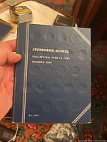 Front cover of blue coin collection book titled Jefferson Nickel Collection 1938 to 1961 Number One.