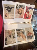Photo of an open photo album page showing six collectible calendar photo cards featuring celebrities and young women, three cards on each page.
