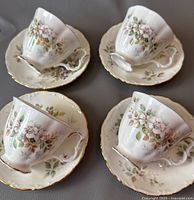 Four Royal Albert Haworth teacups placed on their matching saucers, showing floral pattern and gold rim details