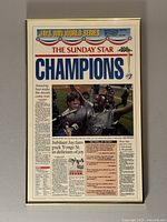 Framed Blue Jays 1992 World Series Championship poster showing newspaper front page design with headline 'CHAMPIONS' and a photo of celebrating players.