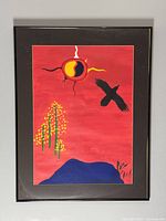 Full view of oil painting on board featuring a red background with black bird, abstract sun/moon, yellow trees, and blue mountain with artist signature.