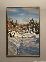 Front view of the framed oil painting showing the winter landscape with snow, trees, and sky.