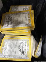 Stacked National Geographic magazines with yellow border covers inside a container, showing multiple issues.